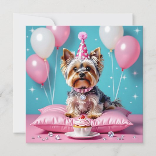 Cute Pink Yorkie Girl's Birthday Party Einladung (Vorderseite)