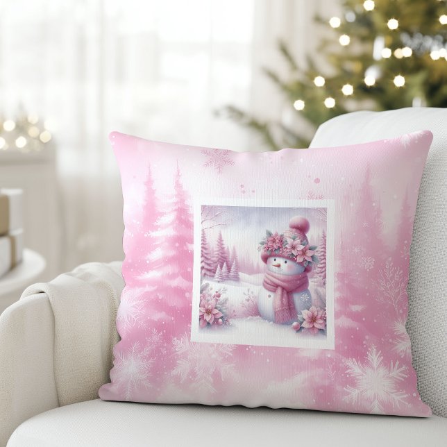 Cute Pinkmas Christmas Scene Snowman Pillow Gift Kissen (Cute Pinkmas Christmas Scene Snowman Pillow Gift)