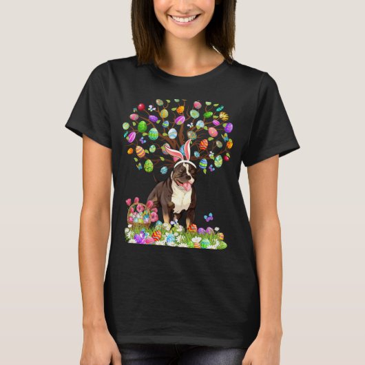 Cute Pitbull Dogs With Bunny Ears Easter Egg Tree T-Shirt (Vorderseite)