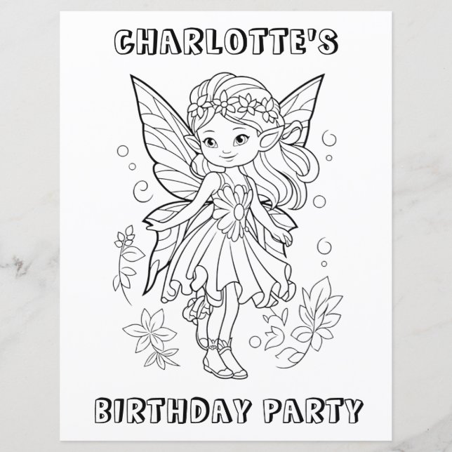 Cute pixie fairy birthday party coloring activity  (Vorderseite)
