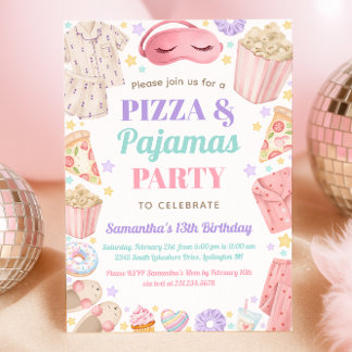 Cute Pizza & Pajamas Slumber Party Girl Birthday Einladung