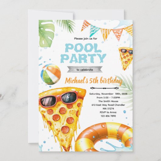 Cute pizza pool party theme invitation einladung (Vorderseite)