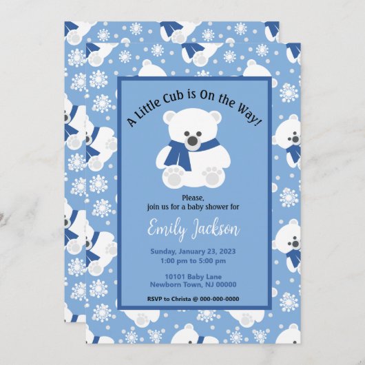 Cute Polar Bear and Snowflakes Baby Shower Einladung (Vorne/Hinten)