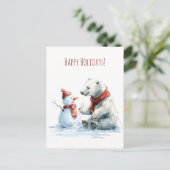 Cute polar bear build a snowman, Christmas Postkarte (Stehend Vorderseite)
