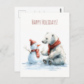 Cute polar bear build a snowman, Christmas Postkarte (Vorne/Hinten)