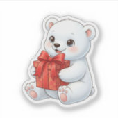 Cute Polar Bear Holding Christmas Present Aufkleber (Vorderseite)
