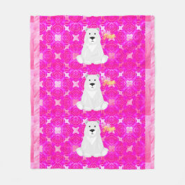 Cute Polar Bear Pink Floral Fleece Blanket