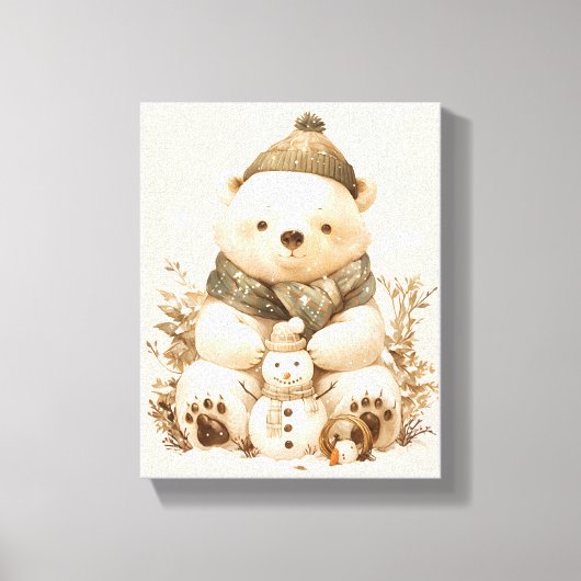 Cute Polar Bear With Snowman Canvas Nursery Decor Leinwanddruck (Vorderseite)