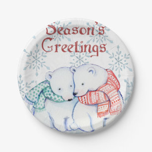 Cute Polar Bears in Red and Green Scarf Pappteller