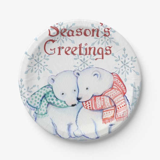 Cute Polar Bears in Red and Green Scarf Pappteller (Vorderseite)