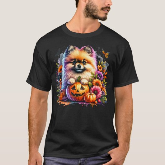 Cute Pomeranian Dog Halloween Scary Pumpkin Flower T-Shirt (Vorderseite)