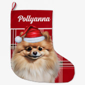 Cute Pomeranian Dog Red White Plaid Custom Großer Weihnachtsstrumpf (Vorderseite)