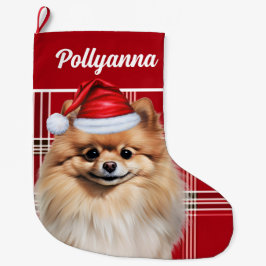 Cute Pomeranian Dog Red White Plaid Custom Großer Weihnachtsstrumpf