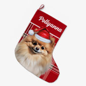 Cute Pomeranian Dog Red White Plaid Custom Großer Weihnachtsstrumpf (Vorderansicht (hängend))