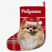 Cute Pomeranian Dog Red White Plaid Custom Großer Weihnachtsstrumpf (Rückseite)