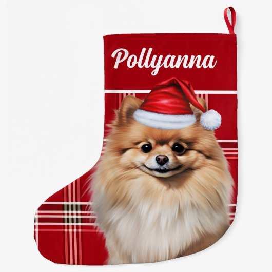 Cute Pomeranian Dog Red White Plaid Custom Großer Weihnachtsstrumpf (Rückseite)