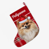 Cute Pomeranian Dog Red White Plaid Custom Großer Weihnachtsstrumpf (Rückseite (Hängend))