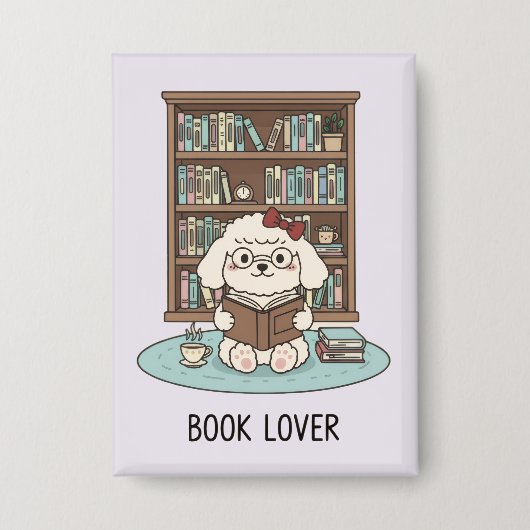 Cute Poodle Puppy Dog "Book Lover" Pastel Button (Vorderseite)