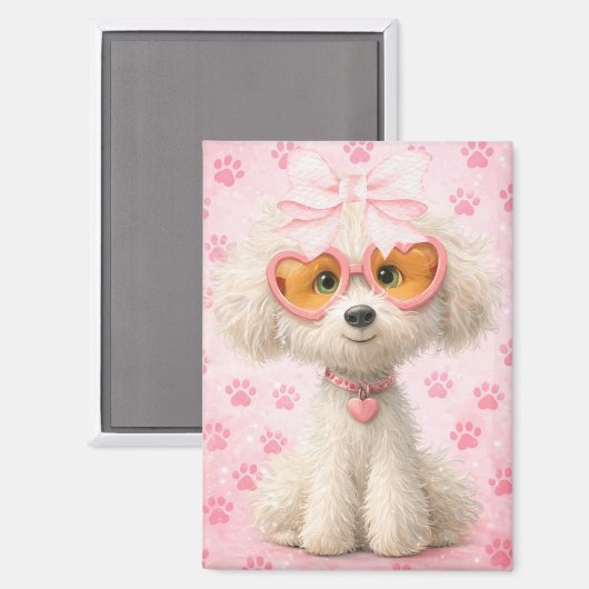 Cute Poodle with Pink Paw Prints and Bow Magnet (Vorderseite/Rückseite)