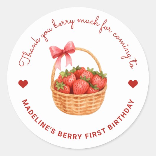 Cute Preppy Berry First Birthday Strawberry Favor Runder Aufkleber (Vorderseite)