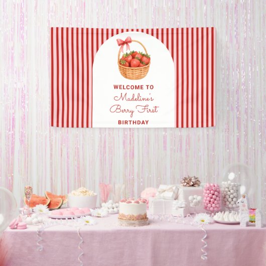Cute Preppy Striped Berry First Birthday Welcome Banner (Party)