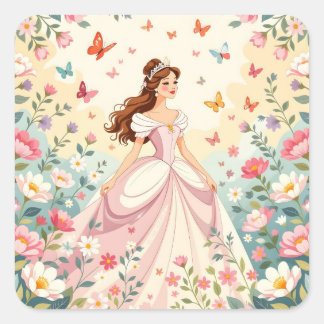 Cute princess with butterflies quadratischer aufkleber