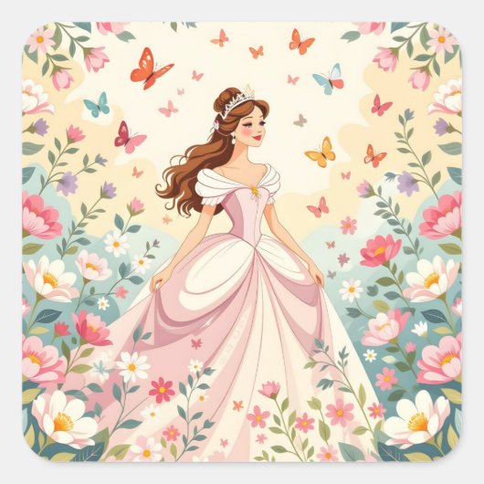 Cute princess with butterflies quadratischer aufkleber (Vorderseite)