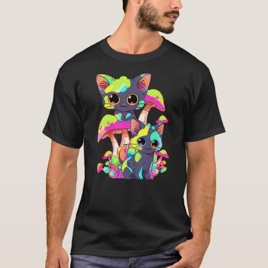 Cute Psychedelic Mushroom Cat Trippy Festival T-Shirt (Vorderseite)