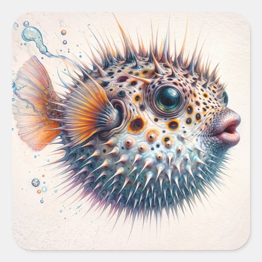 Cute Pufferfish Sea Life Art Quadratischer Aufkleber (Vorderseite)