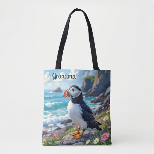 Cute Puffin on the Seashore themed Personalized Tasche (Vorderseite)