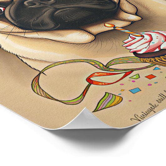 Cute Pug Birthday Cupcake Art Poster (Ecke)