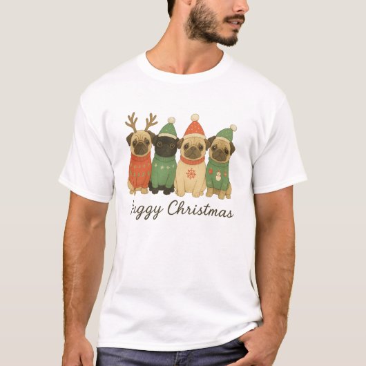 Cute Pug Christmas Illustration in Festive Sweater T-Shirt (Vorderseite)