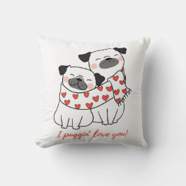 Cute Pug Couple with Hearts Illustration Kissen
