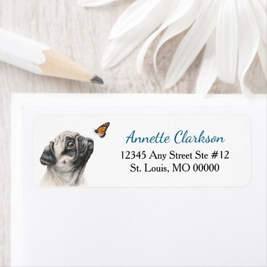 Cute Pug Dog Butterfly Wonder Return Address (Insitu)