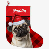Cute Pug Dog Red Buffalo Plaid Custom Großer Weihnachtsstrumpf (Vorderseite)