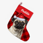 Cute Pug Dog Red Buffalo Plaid Custom Großer Weihnachtsstrumpf (Vorderansicht (hängend))