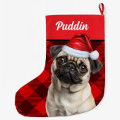 Cute Pug Dog Red Buffalo Plaid Custom Großer Weihnachtsstrumpf (Rückseite)