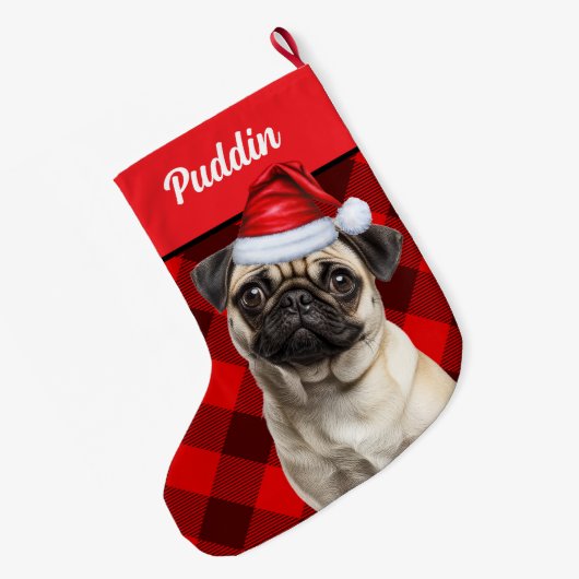 Cute Pug Dog Red Buffalo Plaid Custom Großer Weihnachtsstrumpf (Rückseite (Hängend))