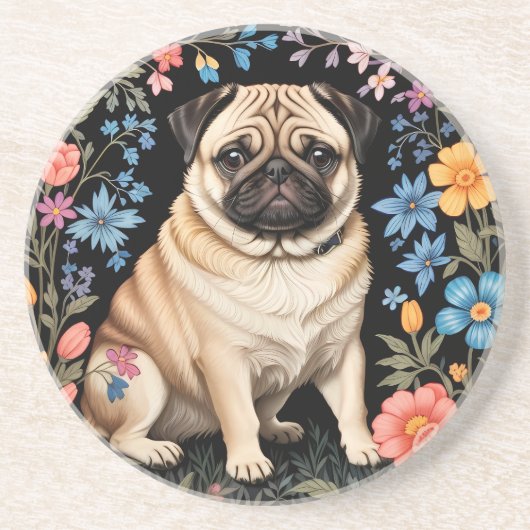 Cute Pug Elegant Colorful Floral Getränkeuntersetzer (Vorne)