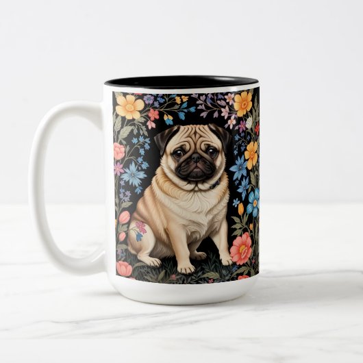 Cute Pug Elegant Colorful Floral Zweifarbige Tasse (Links)