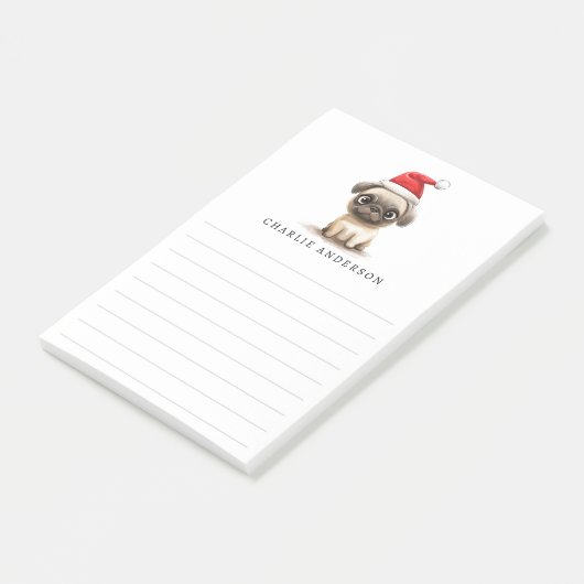 Cute pug in Santa hat name lined Christmas Post-it Klebezettel (angewinkelt)