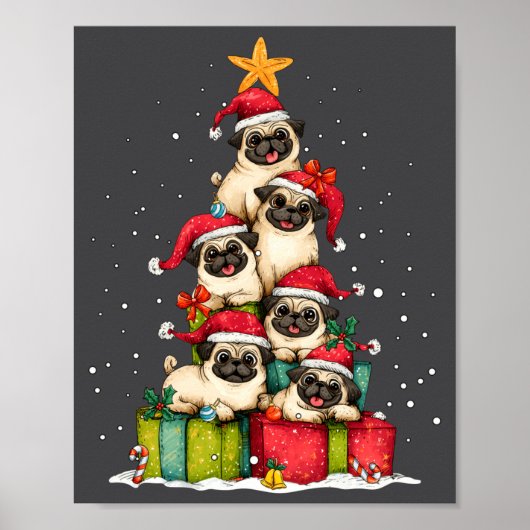 Cute Pug Le Dog Christmas Tree Xmas Hat Long Sleev Poster (Vorne)