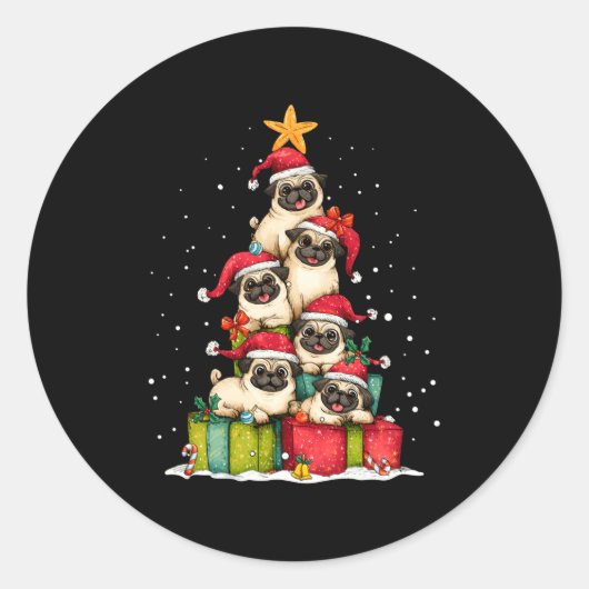 Cute Pug Le Dog Christmas Tree Xmas Hat Long Sleev Runder Aufkleber (Vorderseite)