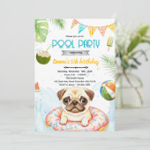 Cute pug pool party theme invite einladung (Stehend Vorderseite)