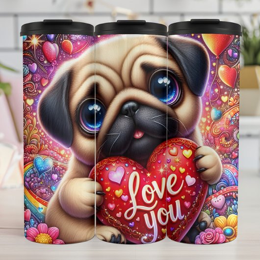 Cute Pug Puppy Love Heart Thermosbecher