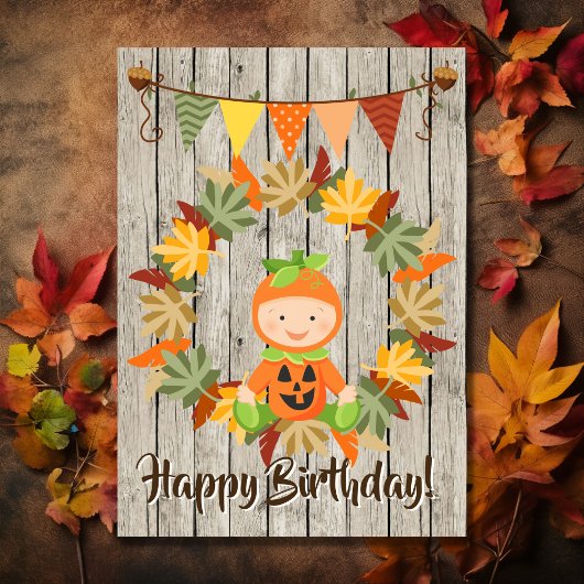 Cute Pumpkin Baby Wreath of Leaves Autumn Birthday Karte