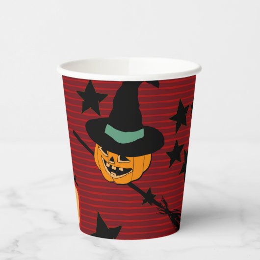 Cute Pumpkin Orange Retro Jack-o’-Lantern Witch  Pappbecher (Links)