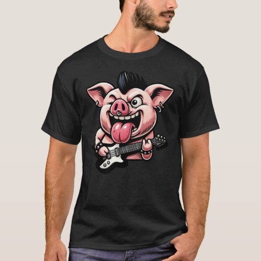 Cute Punk Pig, Rock'n Roll Goth Pork, Guitar Band T-Shirt (Vorderseite)