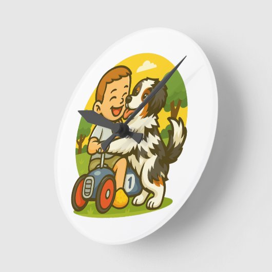 Cute Puppy and Kid Playtime Runde Wanduhr (Winkel)