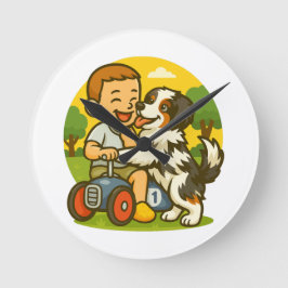 Cute Puppy and Kid Playtime Runde Wanduhr